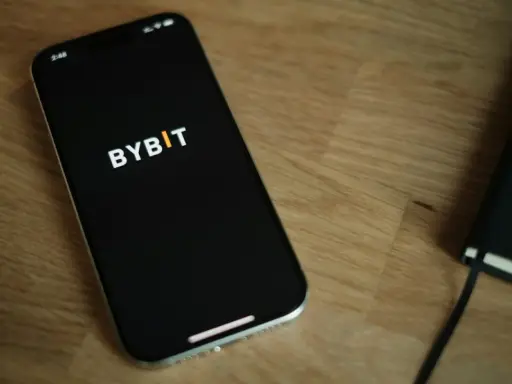 Smartfon z logo Bybit na ekranie, obok notatnik. Analiza bybit prowizje na urządzeniu mobilnym.