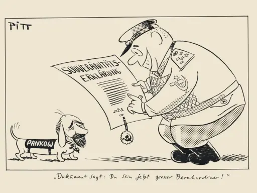Karikatur DDR/BRD: Ein sowjetischer General präsentiert einem traurigen Dackel namens Pankow eine "Souveränitätserklärung".