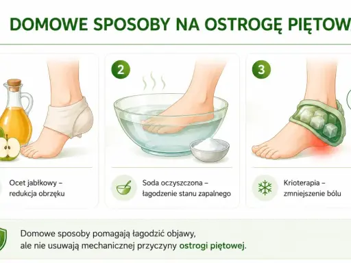 Babcine sposoby na ostrogi piętowe: okład z octu jabłkowego, kąpiel z sodą, krioterapia. Pomagają łagodzić objawy.
