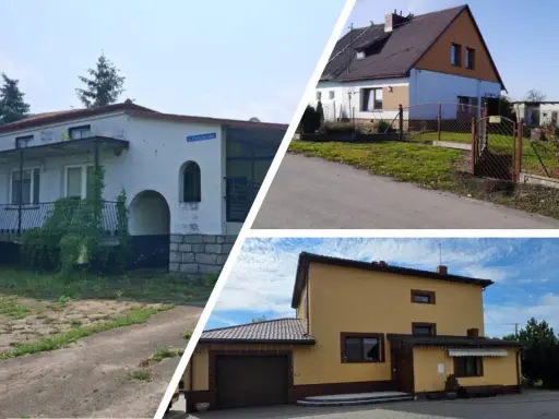 Trzy domy, jeden z balkonem, drugi z bramą, trzeci żółty z garażem. Potencjalna licytacja nieruchomości kpc.