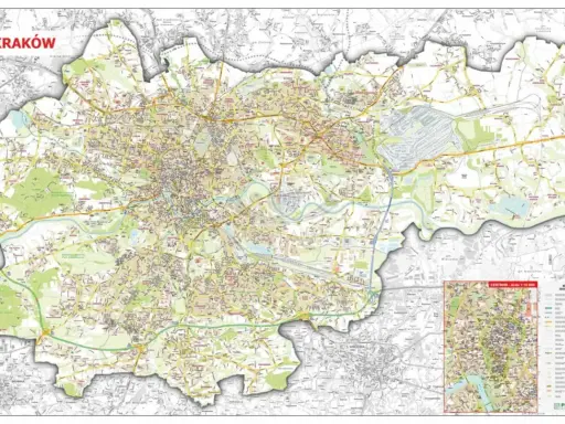 Szczegółowy plan Krakowa z zaznaczonymi drogami, parkami i osiedlami. Widoczny jest również wycinek centrum miasta w większej skali.