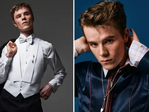 Edvin Ryding i stilfulla kläder, en bild som fångar hans karisma från filmer och tv-program.