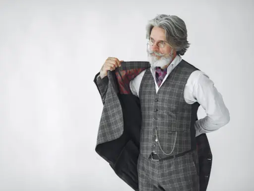 Elegancki mężczyzna z siwą brodą i wąsami, ubrany w garnitur w kratę, prezentuje się jak arbiter elegantiarum.