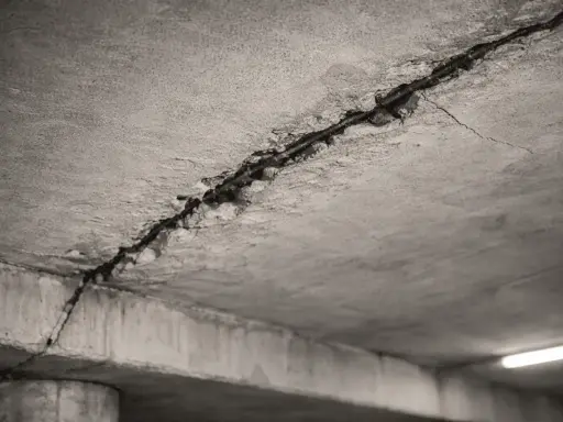 Detalle de grietas en el techo de hormigón, mostrando el acero de refuerzo expuesto. Posibles causas de grietas en el techo.