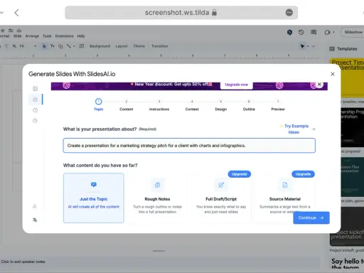 Genera slide con SlidesAI.io: crea una presentazione per un pitch di strategia di marketing.