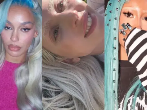 Trois femmes aux cheveux bleus et blancs, avec une **dépigmentation sourcils** audacieuse. L'une porte un pull fuchsia, l'autre est allongée, la troisième a des clous sur ses cheveux.