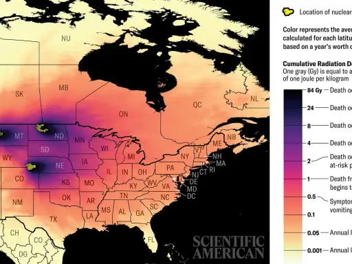 Mapa USA i Kanady z zaznaczonymi obszarami o różnym natężeniu promieniowania, symulująca skutki wybuchu bomby atomowej.