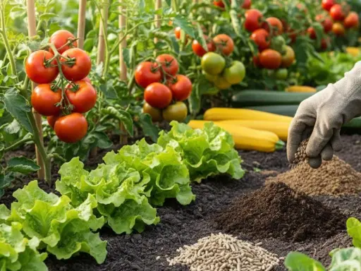 Main d'un jardinier ajoutant de l'engrais naturel à un potager luxuriant de tomates, laitues et courgettes.
