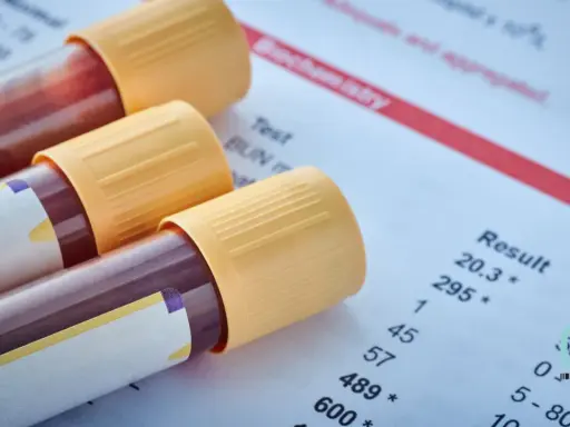 Próbki krwi i wyniki badań, gdzie jeden z parametrów wskazuje na wynik psa powyżej 200.