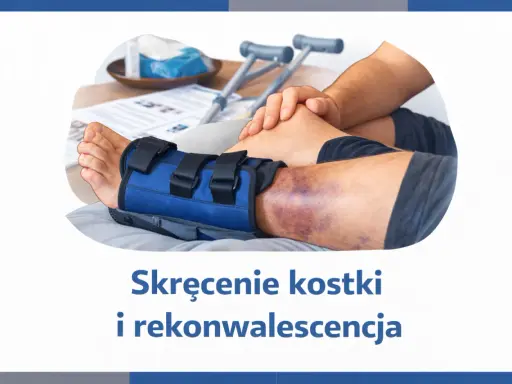 Osoba z widocznym siniakiem i opaską stabilizującą na kostce, obok kul. Objawy skręcenia kostki są widoczne.