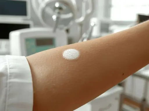Une plaque blanche sur la peau, appliquée sur un bras dans un environnement médical.