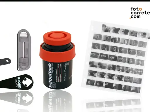 Kit para revelar un carrete: tanque JOBO UniTank, cortador de película y tiras de negativos.