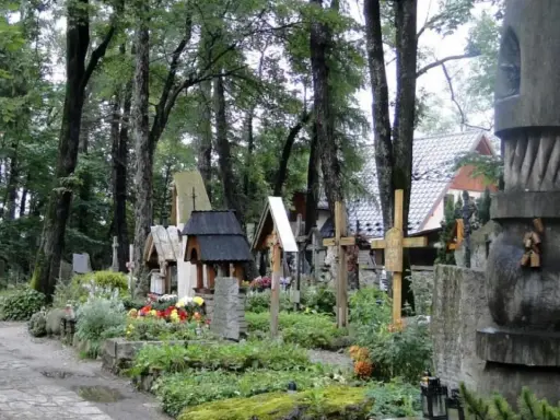 Cmentarz w Zakopanem, pełen drewnianych krzyży i rzeźb, otoczony zielenią.