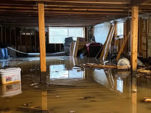 Un **garage inondé** avec de l'eau boueuse recouvrant le sol, des débris flottants et des matériaux de construction endommagés.