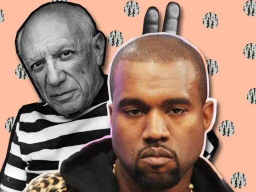Kanye West i Picasso, dwaj artyści z różnych epok, zestawieni na pastelowym tle z kropkami.