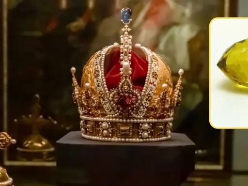 Korona ozdobiona perłami i klejnotami, obok krzyż. W rogu żółty kamień, być może diamenty tekst.