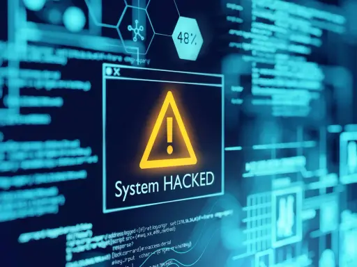 Ein **computer hacker** hat ein System kompromittiert. Ein Warnsymbol und die Meldung "System HACKED" leuchten auf, umgeben von Code und Daten.