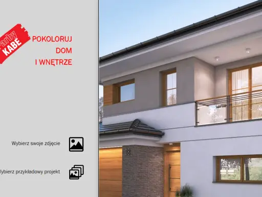 Program do projektowania elewacji. Wizualizacja nowoczesnego domu z drewnianymi elementami i szklaną balustradą.