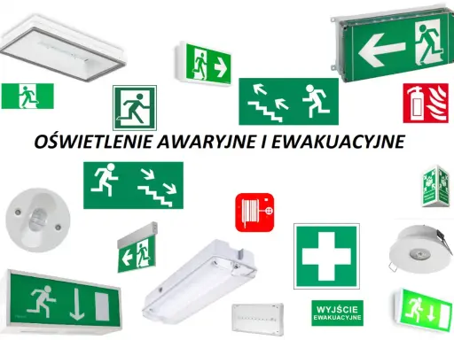 Różnorodne znaki ewakuacyjne i oświetlenie awaryjne, w tym zielone tablice z piktogramami biegnących ludzi i strzałkami, sygnalizujące drogi ewakuacyjne.