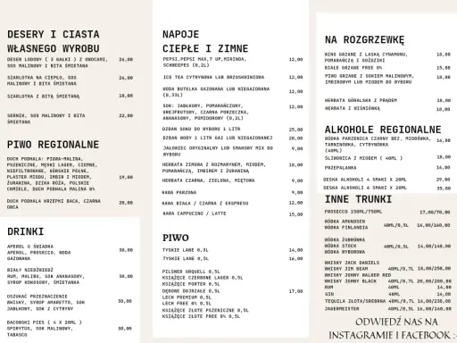 Karczma Bacówka Zakopane menu: desery, napoje, piwo regionalne, drinki, alkohole regionalne.