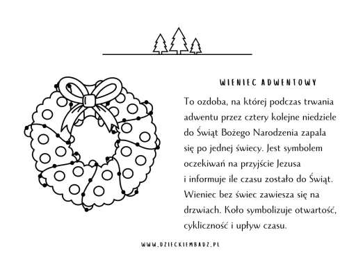 Ilustracja przedstawia wieniec adwentowy, ważny element tradycji bożonarodzeniowych dla dzieci. Symbolizuje oczekiwanie na święta.
