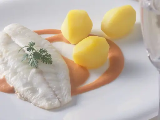 Ein zartes Steinbuttfilet mit Petersilie, serviert mit Salzkartoffeln und einer cremigen Sauce. Der feine Steinbutt Geschmack verspricht ein kulinarisches Erlebnis.