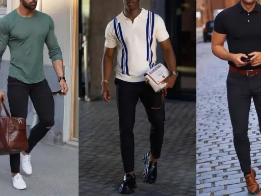 Tre män visar upp smart casual-mode. En med grön tröja och väska, en med randig pikétröja och en med svart pikétröja och brunt bälte.