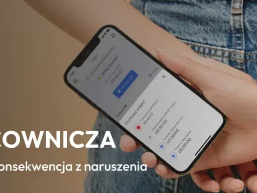Aplikacja na telefonie pokazuje podstawowy system czasu pracy, z informacją o zaplanowanej przerwie i możliwością zatrzymania czasu.