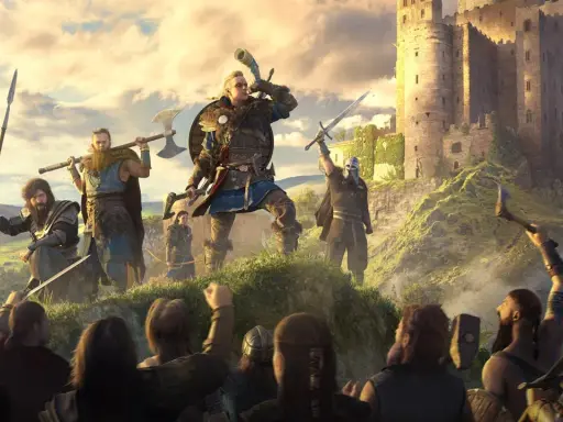 Wikingowie z Assassin's Creed Valhalla szykują się do ataku na zamek. Eivor gra na rogu, a jego wojownicy podnoszą broń.