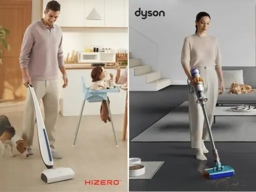 Porównanie mopów myjących: mężczyzna z psem i mopem Hizero po lewej, kobieta z odkurzaczem Dyson po prawej.