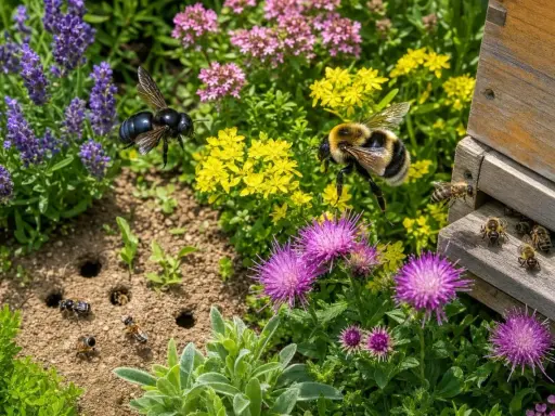 Un bourdon noir et un bourdon rayé volent près de fleurs colorées, tandis que des abeilles travaillent près d'une ruche. Le bourdon vs abeille, une scène de jardin animée.