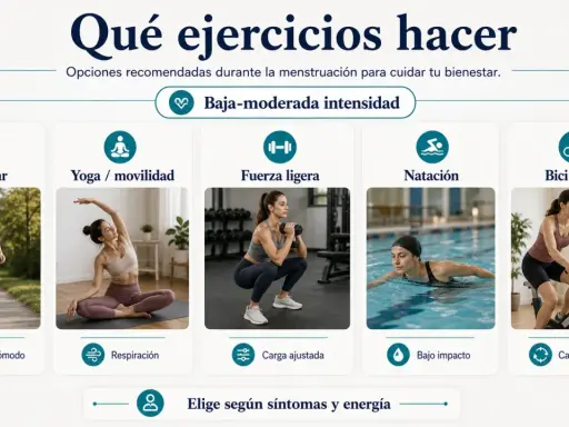 Mujeres haciendo ejercicio: caminar, yoga, pesas, nadar y bici. Es bueno hacer deporte con la regla, eligiendo intensidad baja-moderada.