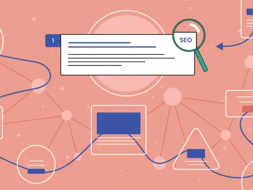 Schematyczne przedstawienie procesu SEO. Lupa z napisem "SEO" wskazuje na wyszukiwarkę. Różne kształty połączone liniami symbolizują etapy pracy.