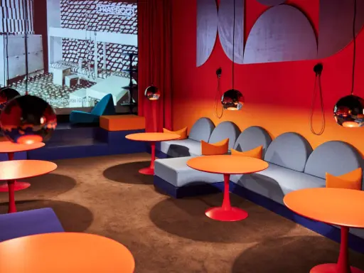 En färgstark lounge med soffor, orange bord och en projektion av Nanna Ditzels design.