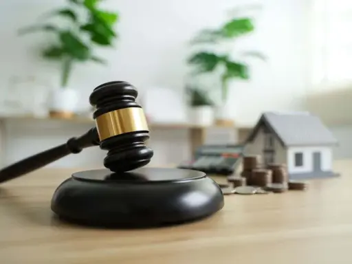 Marteau de juge, maison miniature, calculatrice et pièces. Le virement notaire combien de temps ?