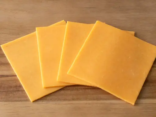 Vier Scheiben gelber Cheddar-Käse, laktosefrei, liegen auf einem Holzbrett.