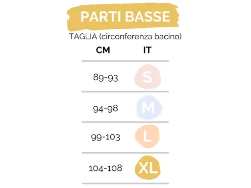Tabella taglie per parti basse: la taglia S corrisponde a una circonferenza bacino di 89-93 cm.