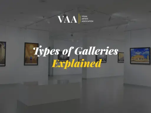 Visual Artists Association logo above text "Types of Galleries Explained" in a modern art gallery setting.