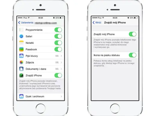 Dwa ekrany iPhone'a pokazujące ustawienia funkcji "Znajdź mój iPhone".