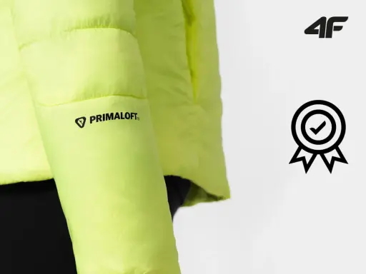 Jaskrawożółta kurtka z logo Primaloft i symbolem jakości od firmy 4f.