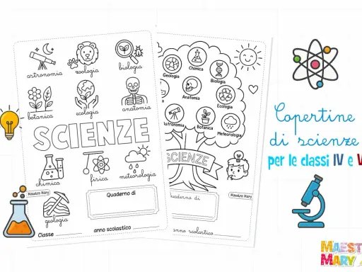 Copertine di scienze per le classi IV e V, con disegni di astronomia, zoologia, biologia, chimica, geologia, fisica, meteorologia, anatomia, botanica ed ecologia.