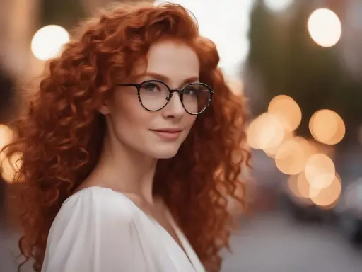 Rudowłosa kobieta w okularach, które mogłyby pochodzić od znanych marek okularów, uśmiecha się na tle rozmytych świateł miasta.