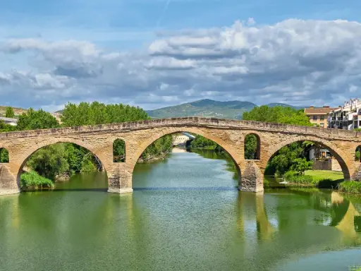 Der historische Puente la Reina überspannt mit seinen steinernen Bögen einen grünen Fluss. Dahinter erstreckt sich eine malerische Stadtkulisse.
