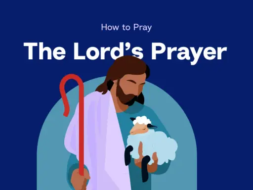 Ilustracja przedstawia Jezusa trzymającego owieczkę, z tekstem "The Lord's Prayer" i "How to Pray". To jak nauczyć się modlitwy Ojcze nasz po angielsku.