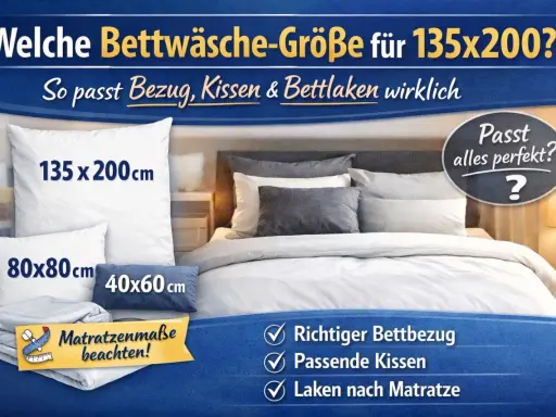 Bettbezug, Kissen und Laken in den Größen 135x200 cm, 80x80 cm und 40x60 cm werden auf einem Bett präsentiert. Die Frage "was ist bettbezug" wird durch die Abbildung und den Text "Richtiger Bettbezug" beantwortet.