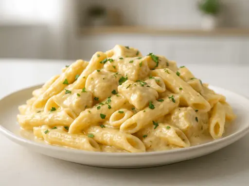 Penne z kawałkami kurczaka w kremowym sosie serowym, posypane natką pietruszki. Pyszne danie, które z pewnością zadowoli każdego miłośnika kurczaka w sosie serowym.