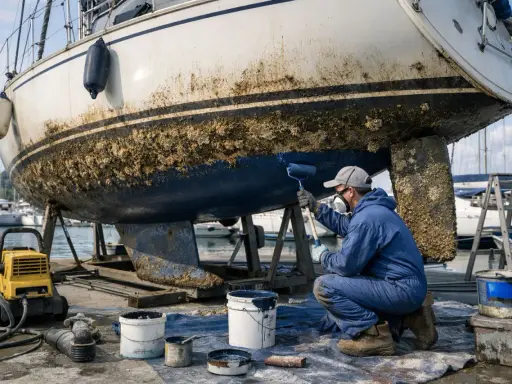 Un homme en combinaison bleue peint la partie immergée d'un bateau, recouverte de bernacles. Il utilise un rouleau pour appliquer une peinture bleue sur la coque.