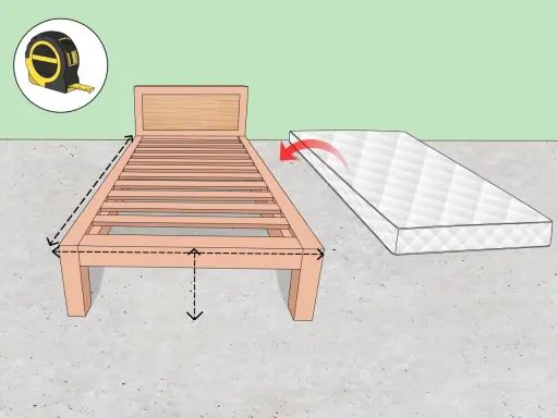 Cinta métrica y cama de madera. Se muestran flechas indicando cómo se mide un colchon para asegurar el ajuste perfecto.