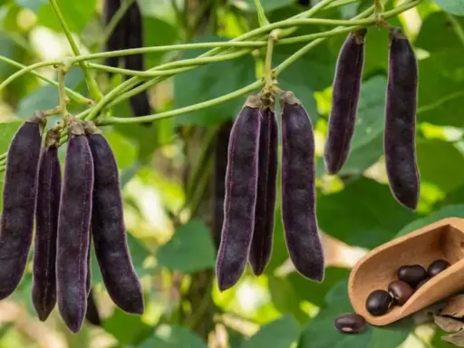Samtige Samenkapseln der Mucuna pruriens hängen an einer Ranke. Die Samen in der Holzschaufel deuten auf die vielfältige Mucuna pruriens Wirkung hin.