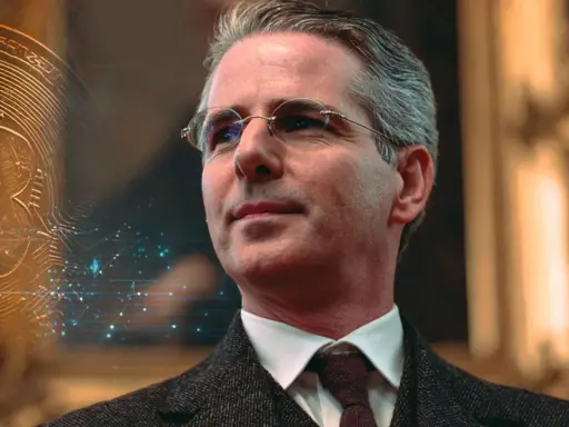 Portret mężczyzny w okularach, z Bitcoinem w tle. Czyżby nowy sekretarz skarbu USA rozważał przyszłość kryptowalut?